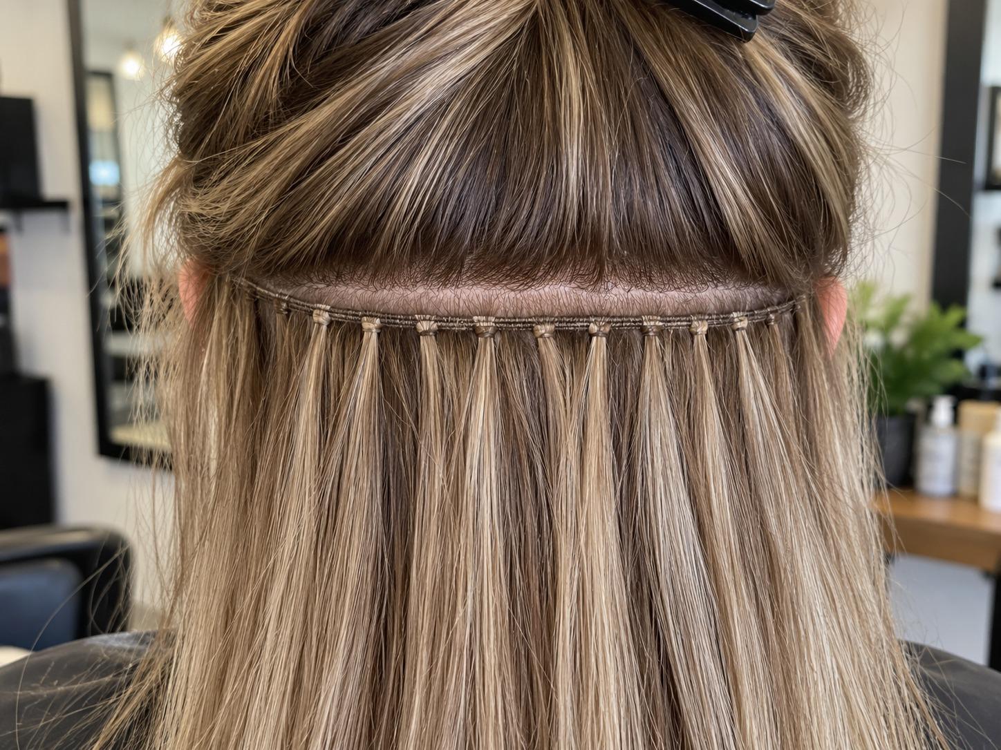 Hand-tied wefts sewn in rows