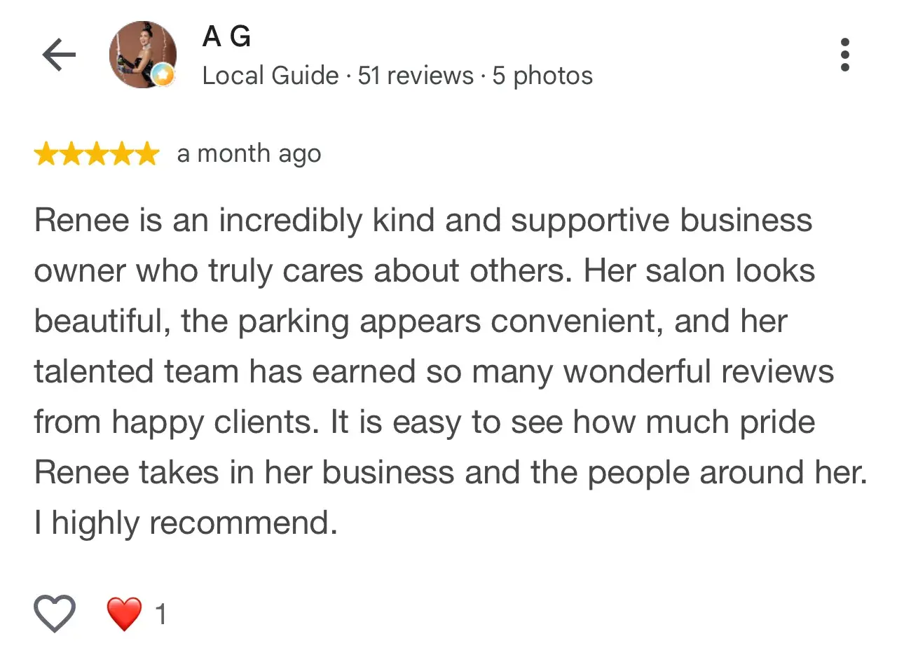 Five-star Google review: “Renee is an incredibly kind and supportive business owner who truly cares about others. Her salon looks beautiful, and her talented team has earned so many wonderful reviews from happy clients. I highly recommend.”